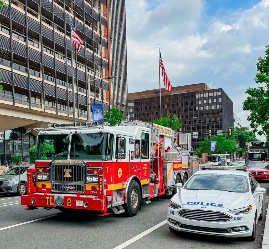 Philadelphia independence day, firefighter truck and electric police car
